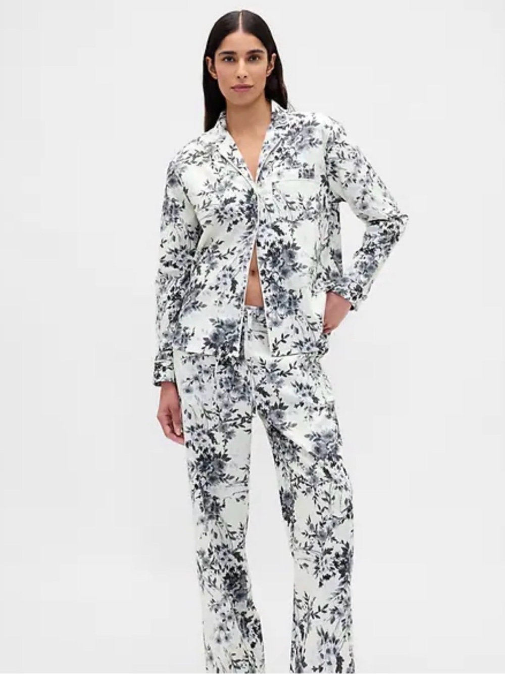 Gap Poplin Cotton Pajama Set Floral Toile Monochrome Grey/White Size M, Preppy